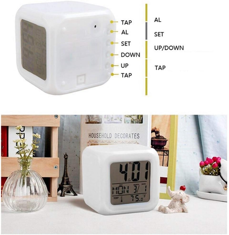 LED-Wecker 7-Farbwechsel - Moderner Design-Cube mit Temperatur