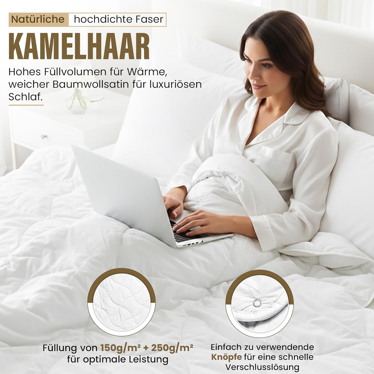 Kamelhaar-Bettdecke 4-Jahreszeiten 135x200cm - Atmungsaktiv