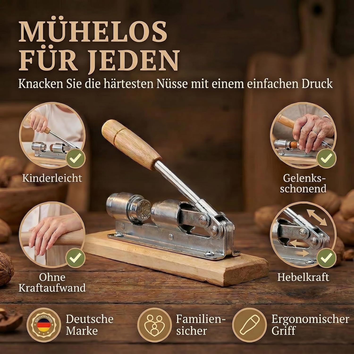 Retro Nussknacker aus Edelstahl mit Hebel-Funktion - Verstellbar