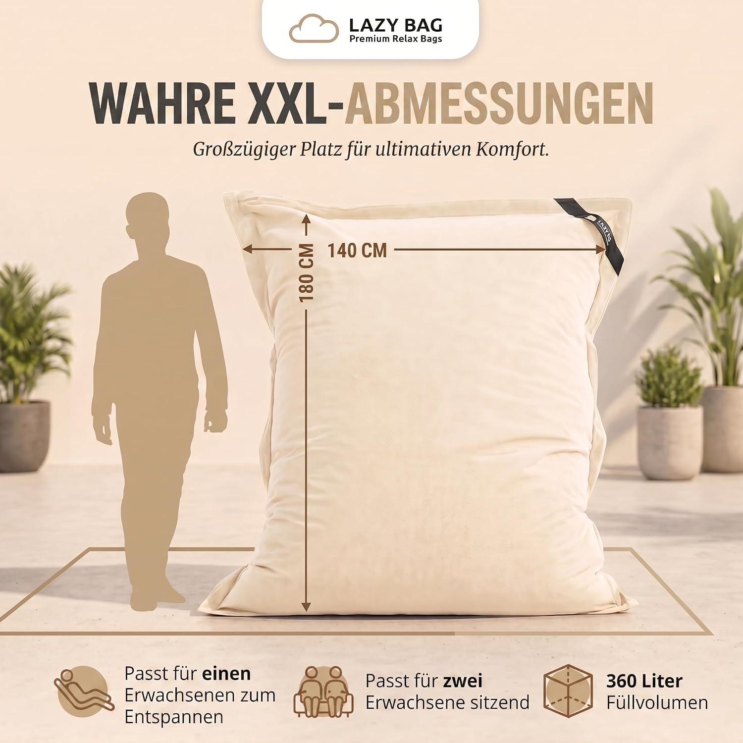 LazyBag XXL Sitzsack 180x140 cm aus Baumwolle – 400L Komfort