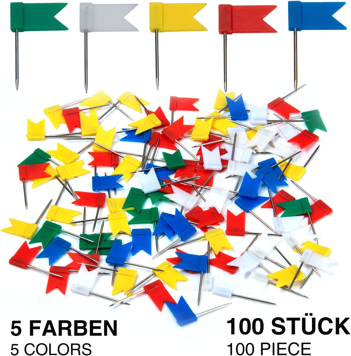 100 Markierungsfähnchen für Pinnwände & Weltkarten – 5 Farben Mix