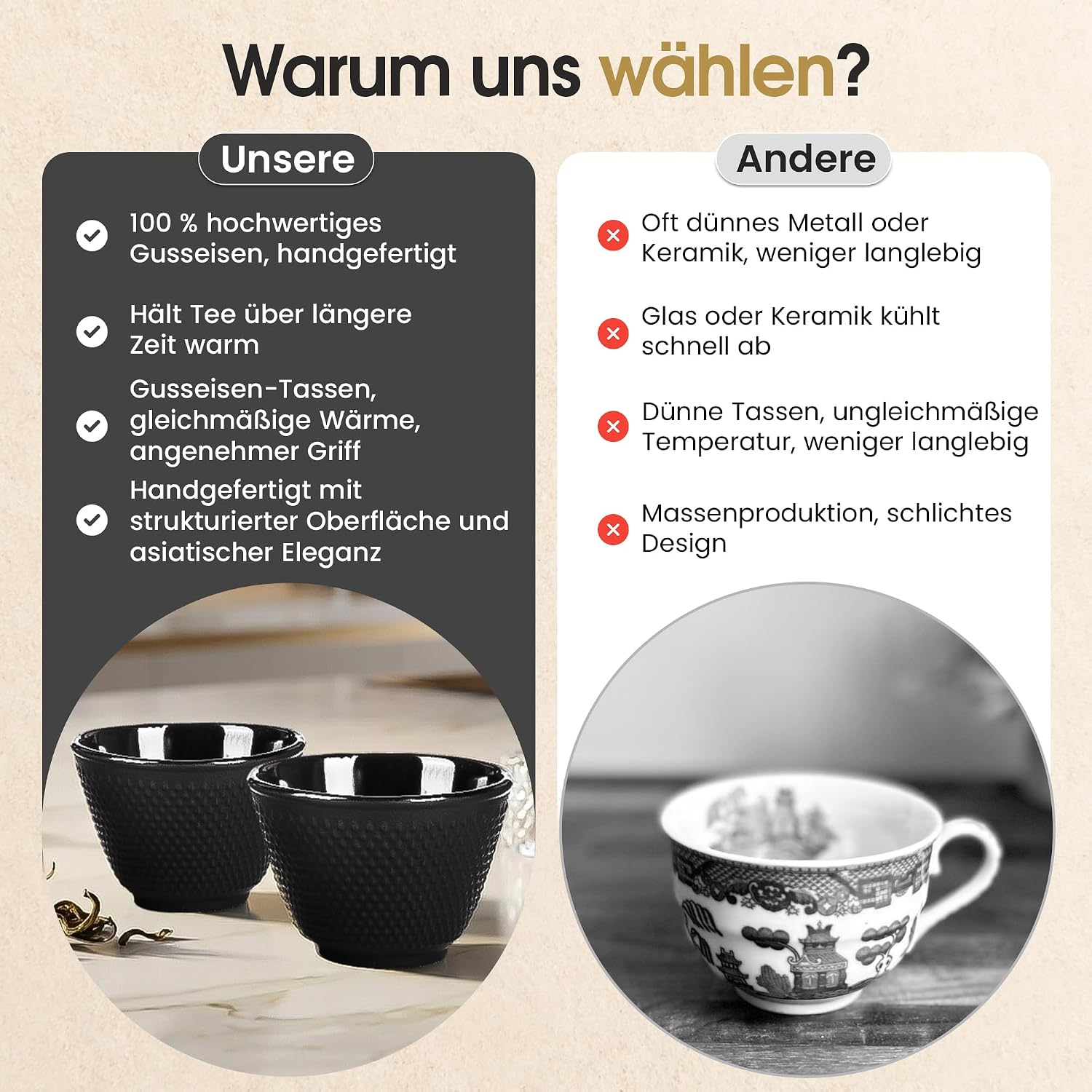 Traditionelle Gusseisen-Teebecher 2er Set - Asiatisches Design