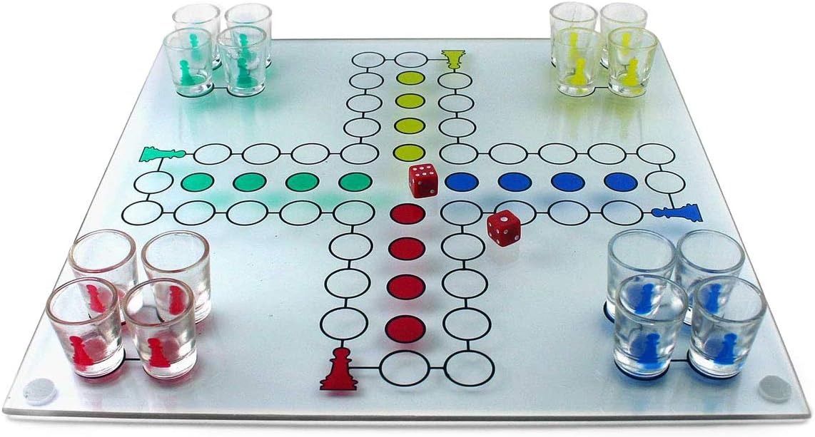 Ludo Trinkspiel aus Glas mit 16 Shotgläsern für Partyspaß