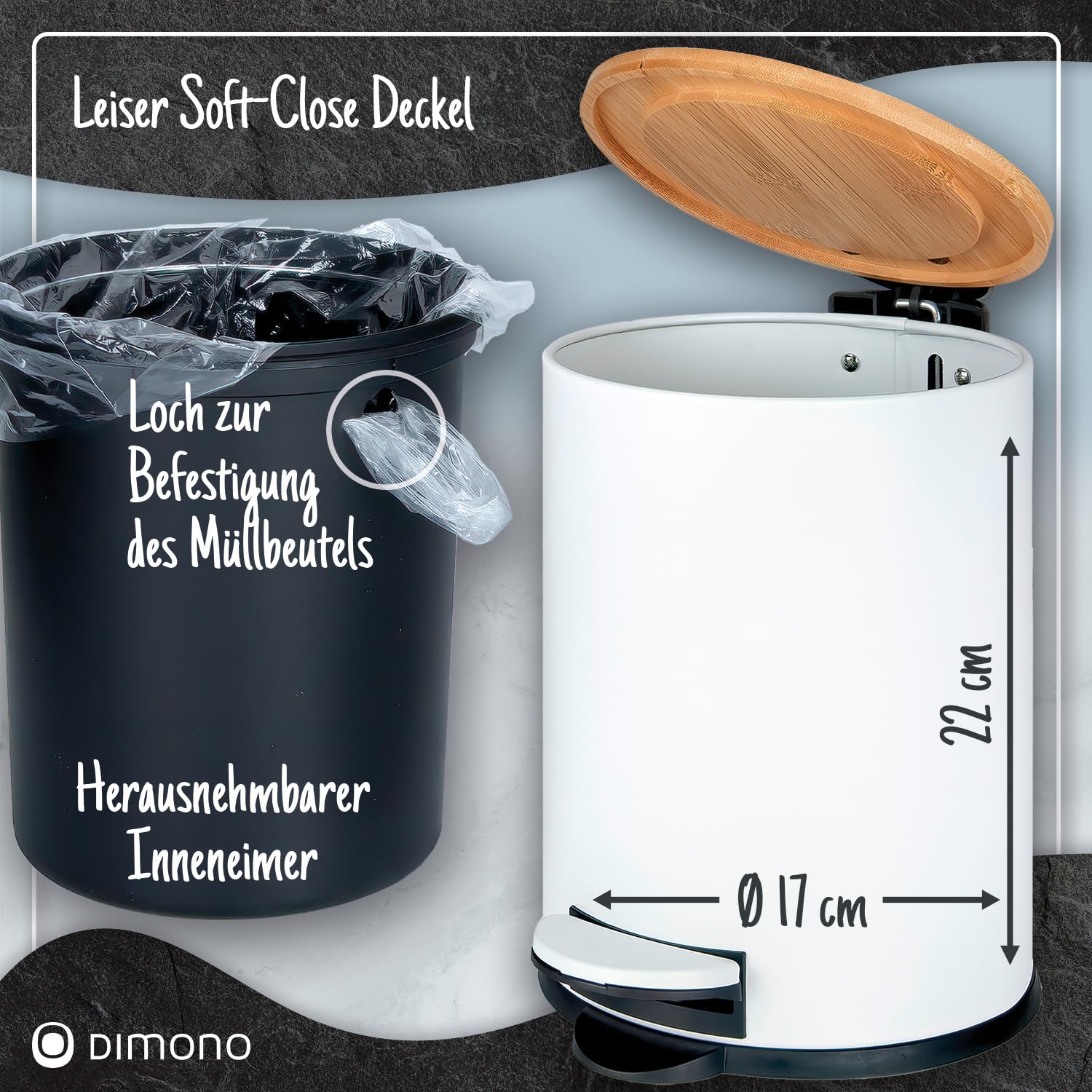Kosmetikeimer Bambus Weiß - 3L/5L Treteimer mit Soft-Close