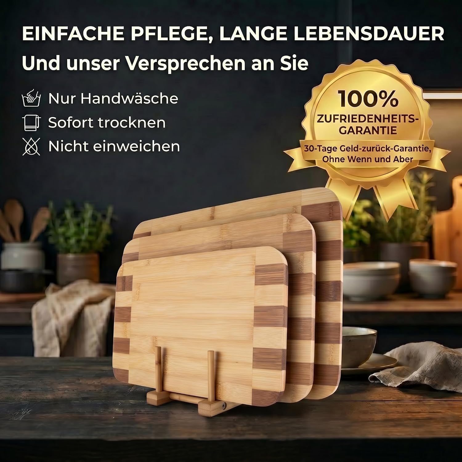 Bambus-Schneidebrett 3er Set mit Ständer – Robust & Klingenschonend
