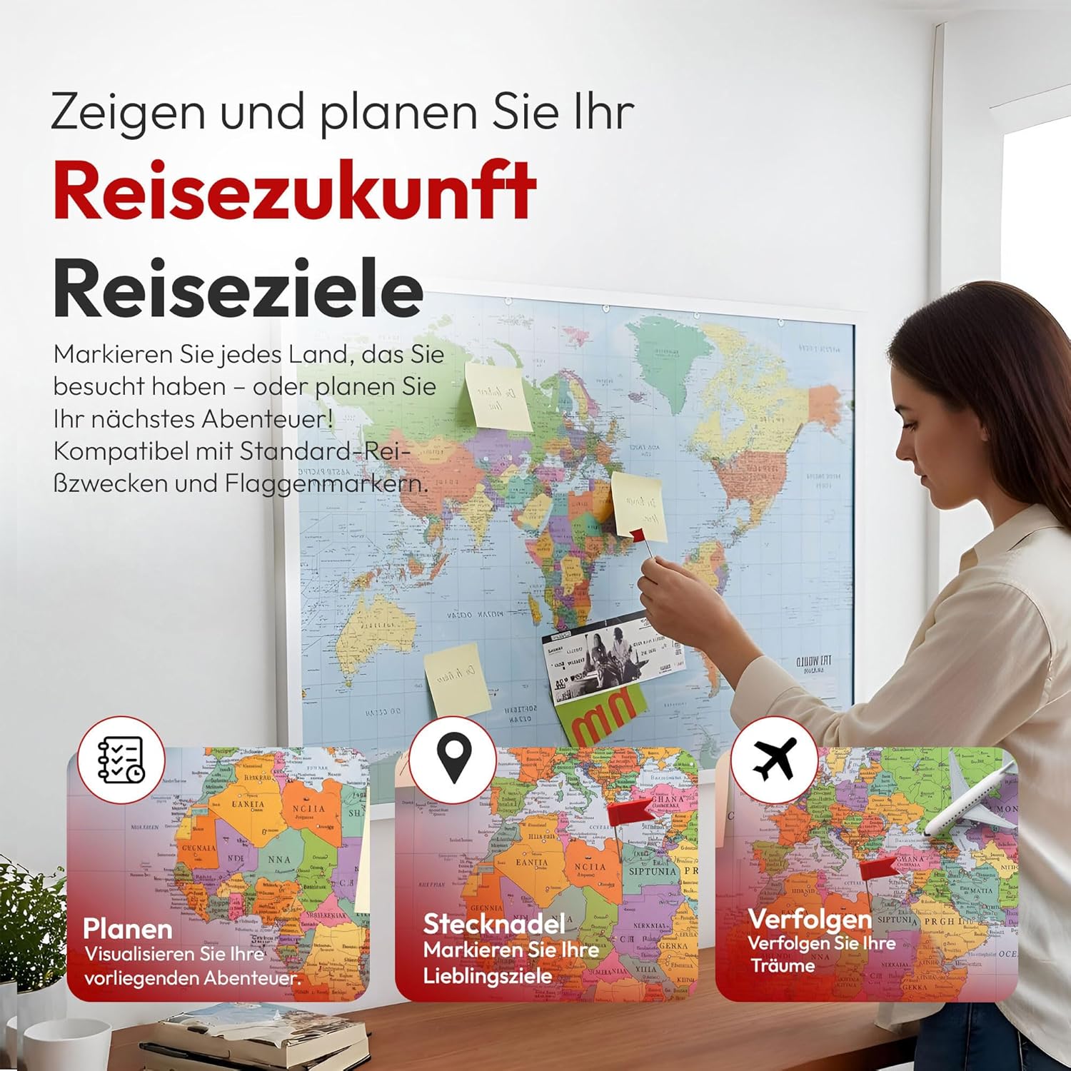 Weltkarte Pinnwand 90x60 cm Kork - Memoboard mit Markierungsfähnchen