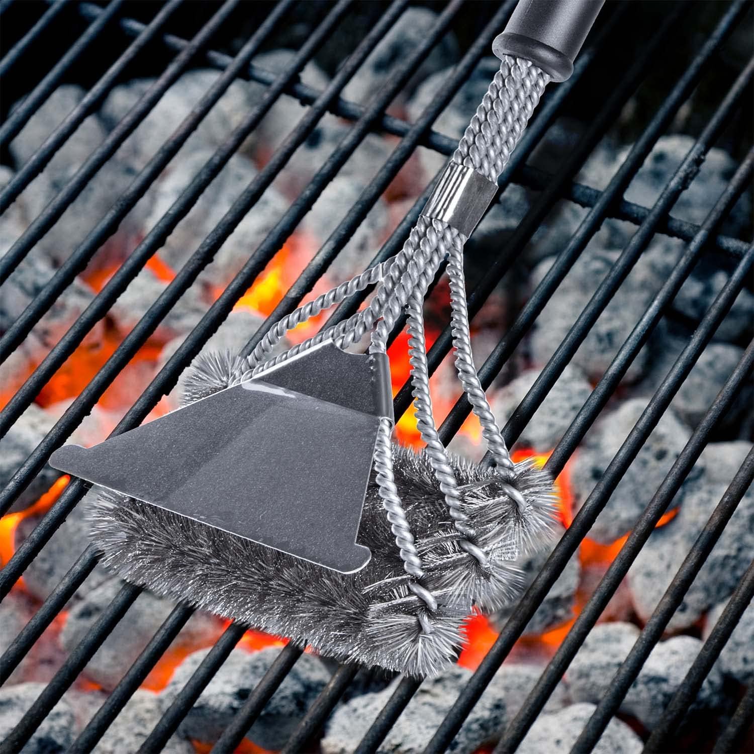 3in1 Edelstahl Grillbürste – 45 cm Reiniger mit Schaber