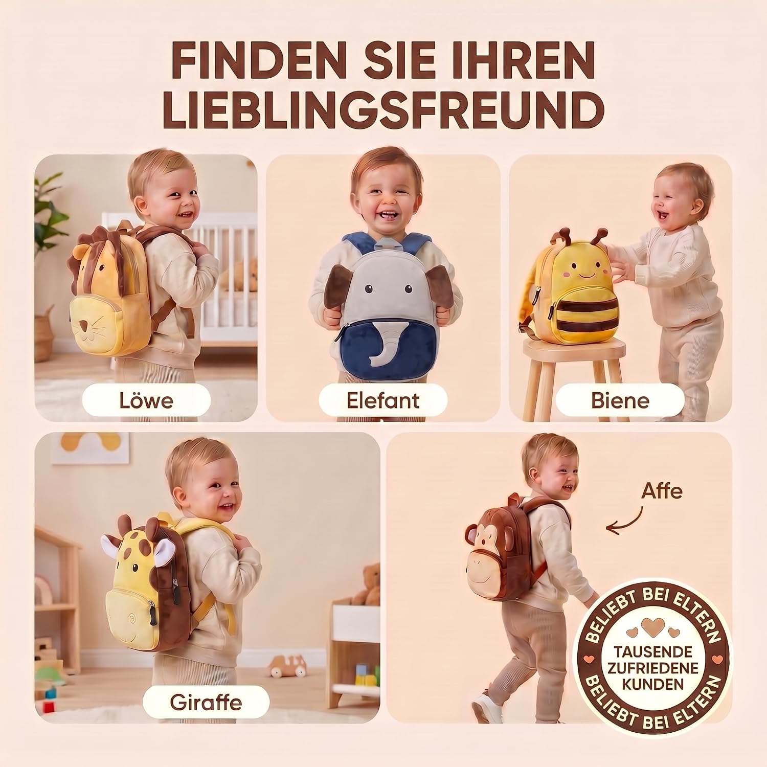 Tier-Kinderrucksack mit Sicherheitsleine für Kleinkinder