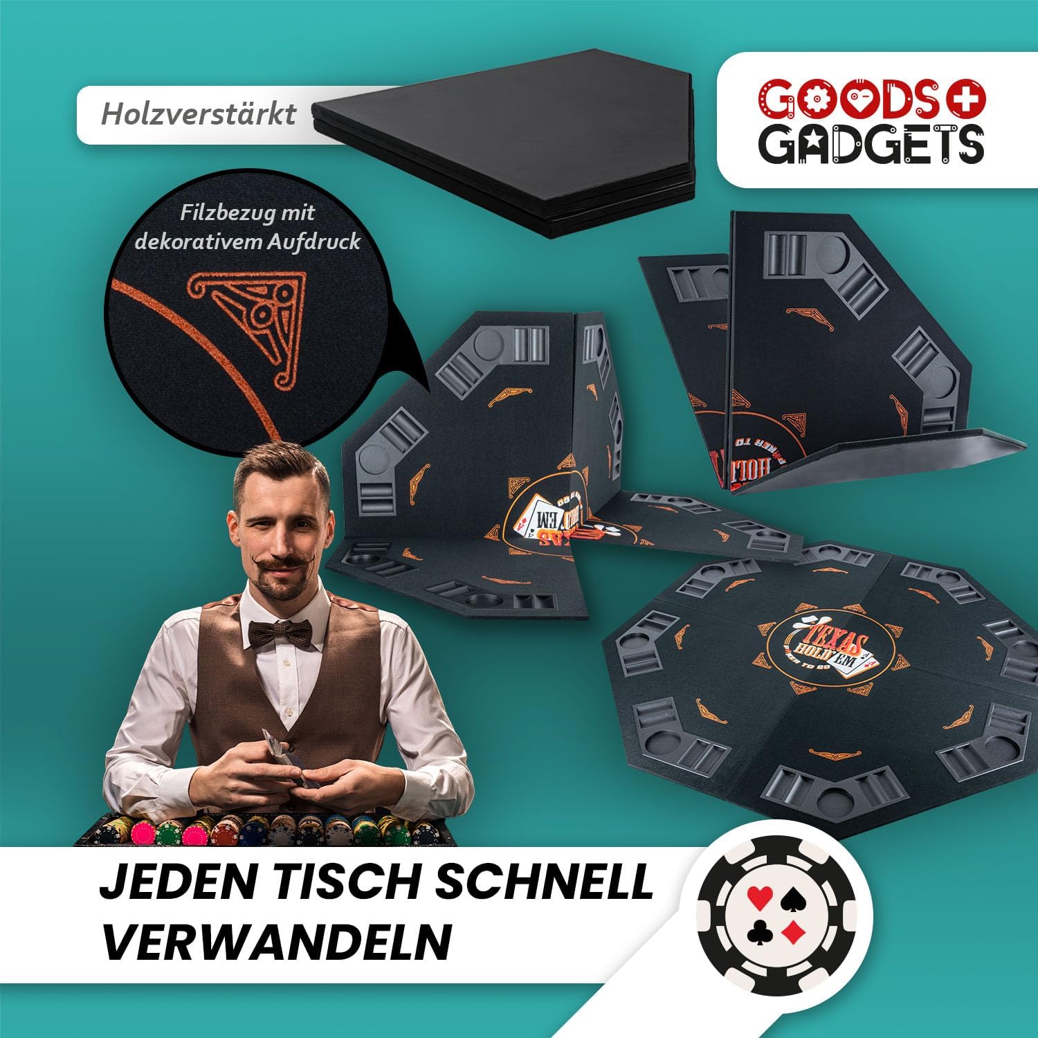 Faltbare Pokertisch-Auflage 120x120 cm - Pokerauflage für 8 Spieler