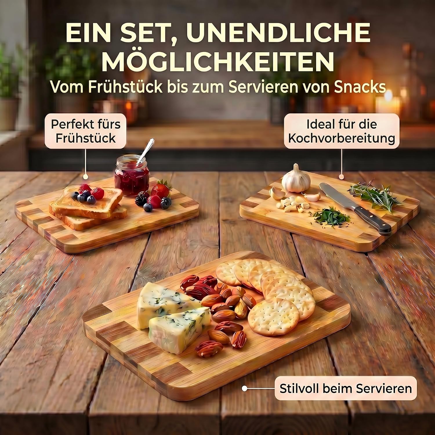 Bambus-Schneidebrett 3er Set mit Ständer – Robust & Klingenschonend