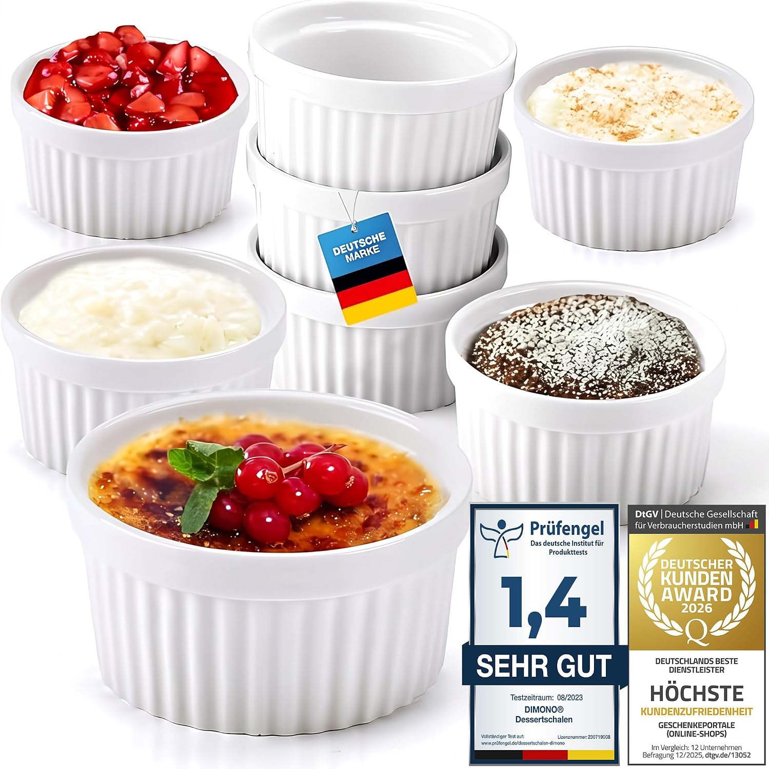 8er Set Dessertschalen & Creme-Brulée-Förmchen aus Keramik Weiß