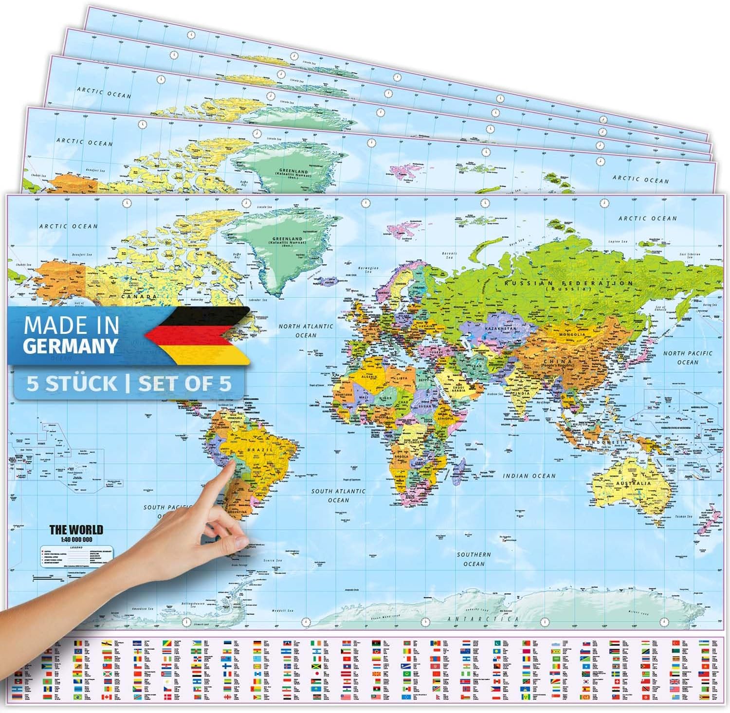 Weltkarte XXL Poster 140x100 cm – Detaillierte Landkarte mit Flaggen
