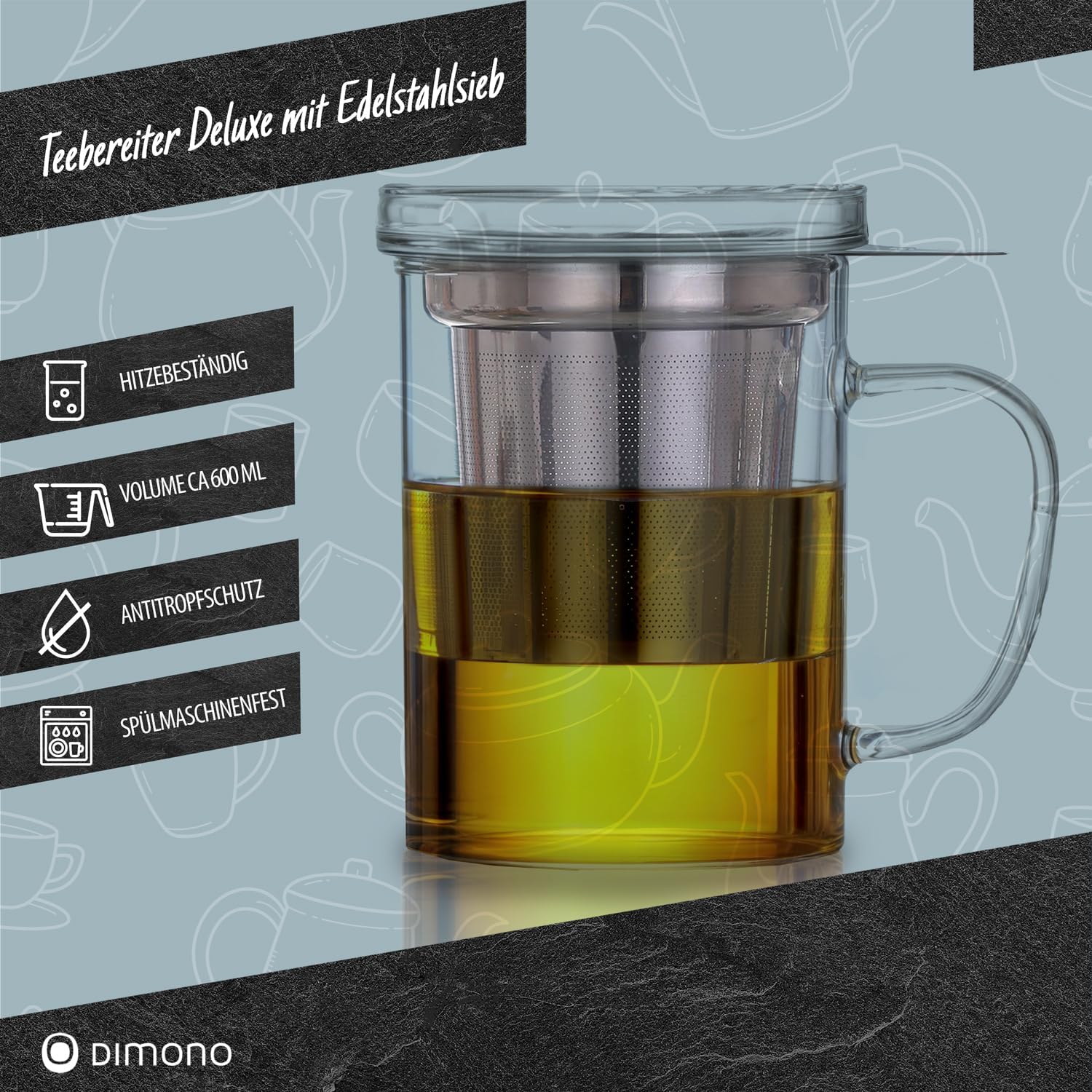 Teebereiter Deluxe - Teeglas mit Glasfilter und Deckel, 470 ml