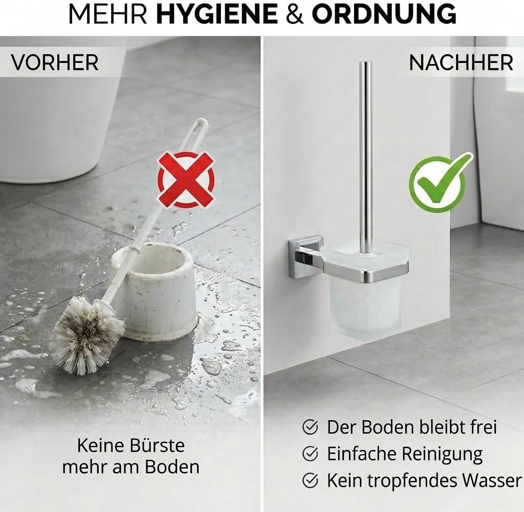 Edelstahl WC-Garnitur mit Chrom-Halter & Glas-Behälter