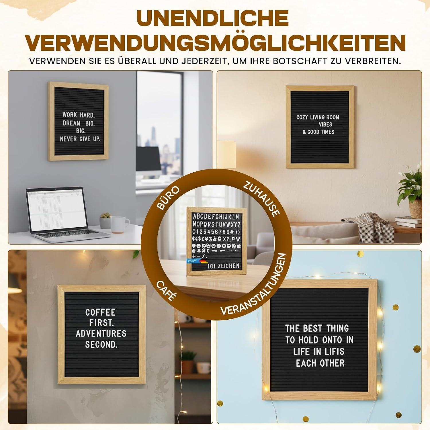 Buchstabentafel Holz-Rahmen - Letter-Board mit 161 Buchstaben