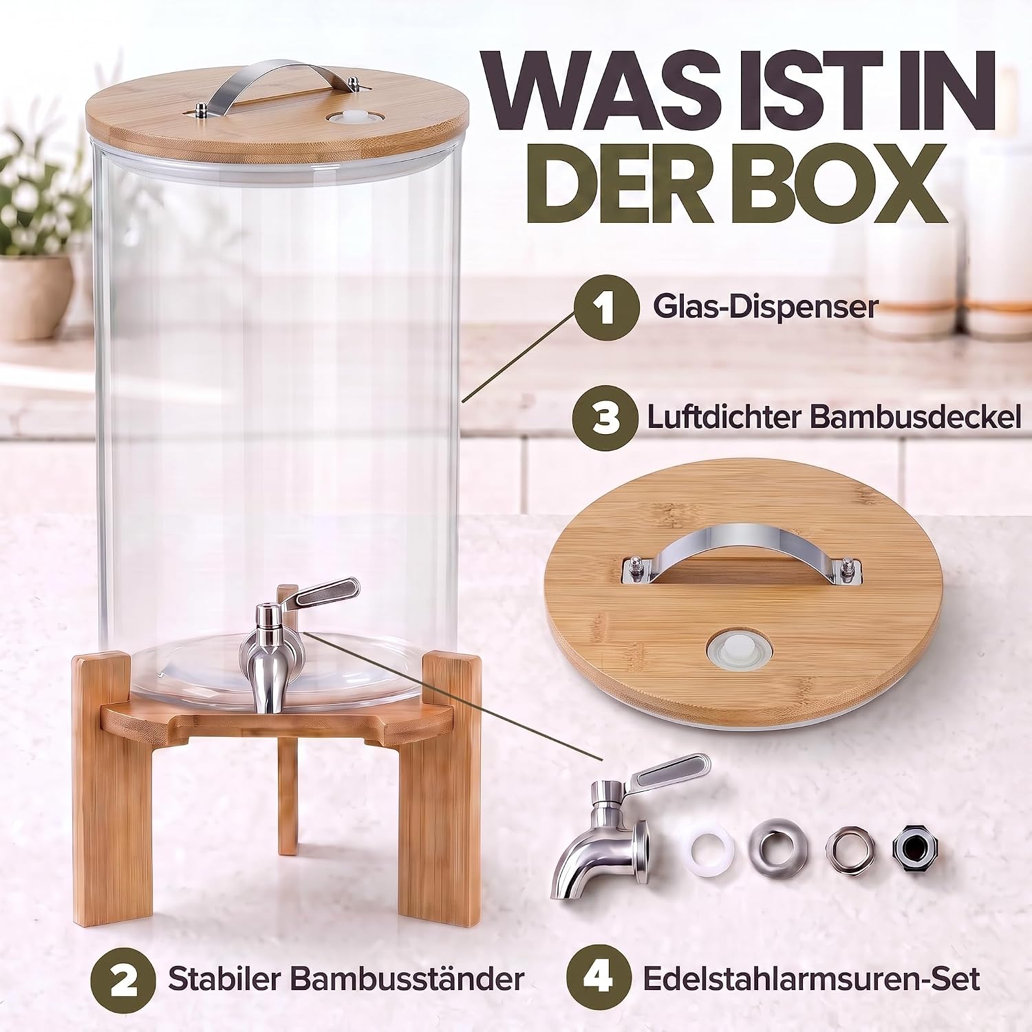 Designer Getränkespender mit Zapfhahn & Bambusgestell 5L & 8L