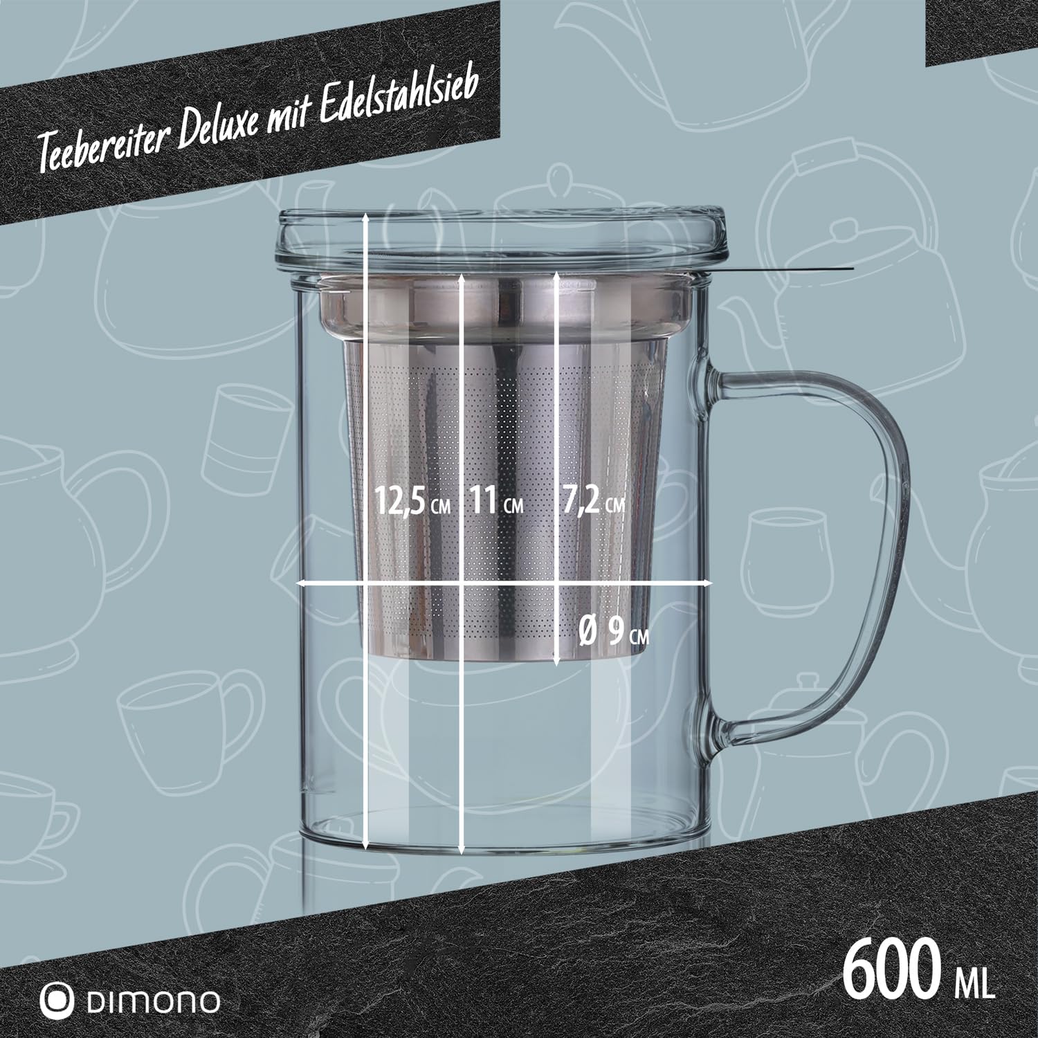 Teebereiter Deluxe - Teeglas mit Glasfilter und Deckel, 470 ml