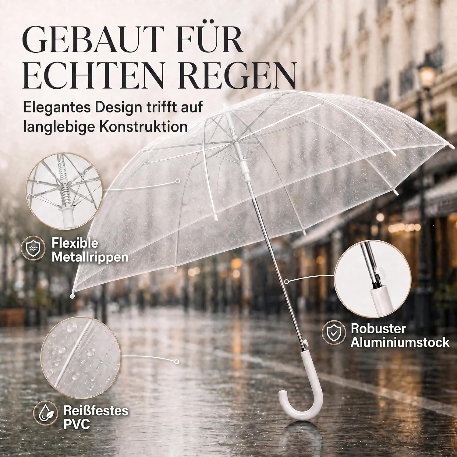 Transparenter Regenschirm 100cm - Durchsichtiger Stockschirm Elegant