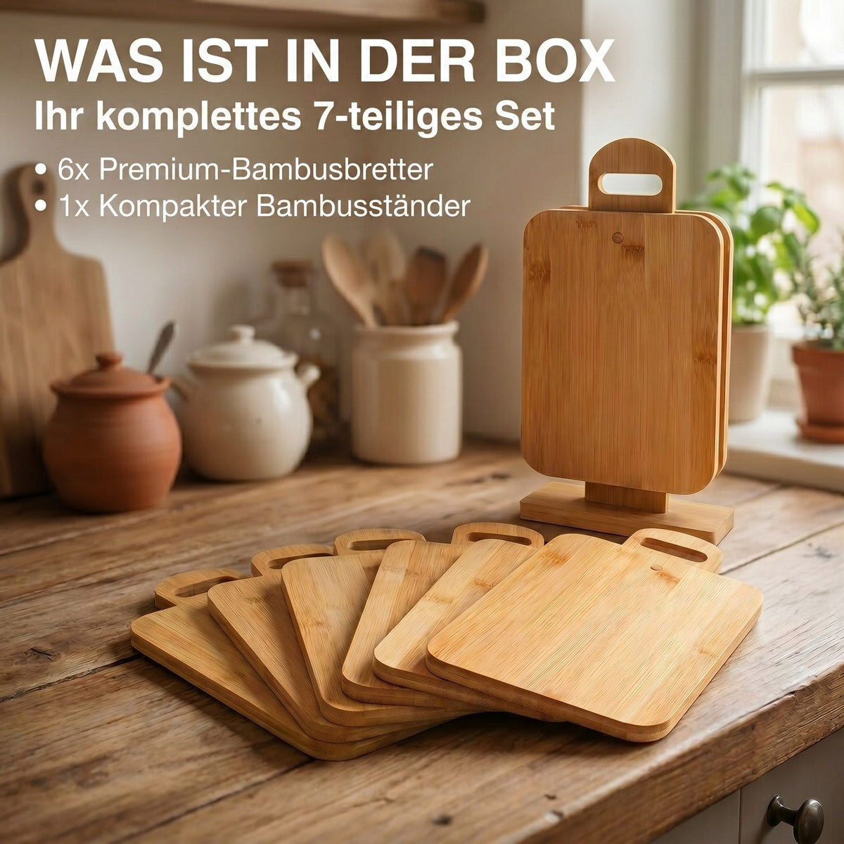 Bambus-Frühstücksbrettchen 6er Set mit Ständer – Klingenschonend – PT07
