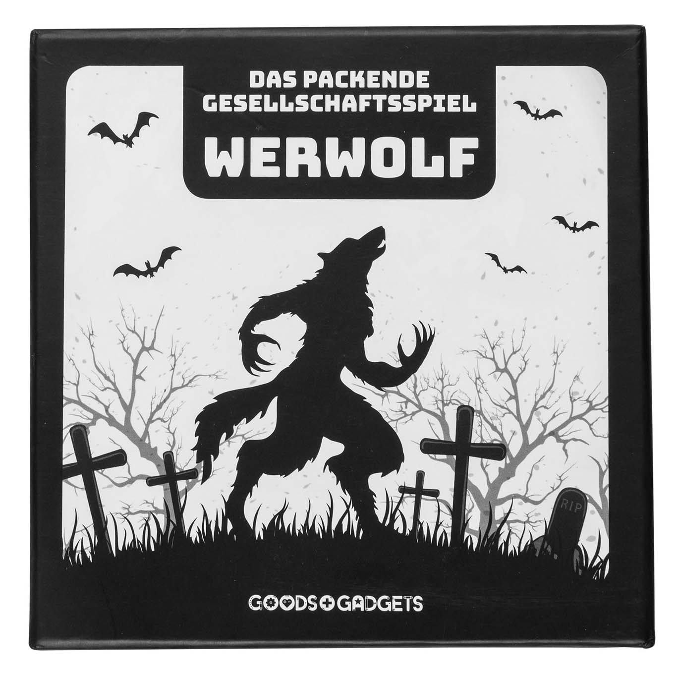 Spieleschachtel Werwolf mit Werwolf-Silhouette, Fledermäusen und Friedhof-Motiv auf weißem Grund.