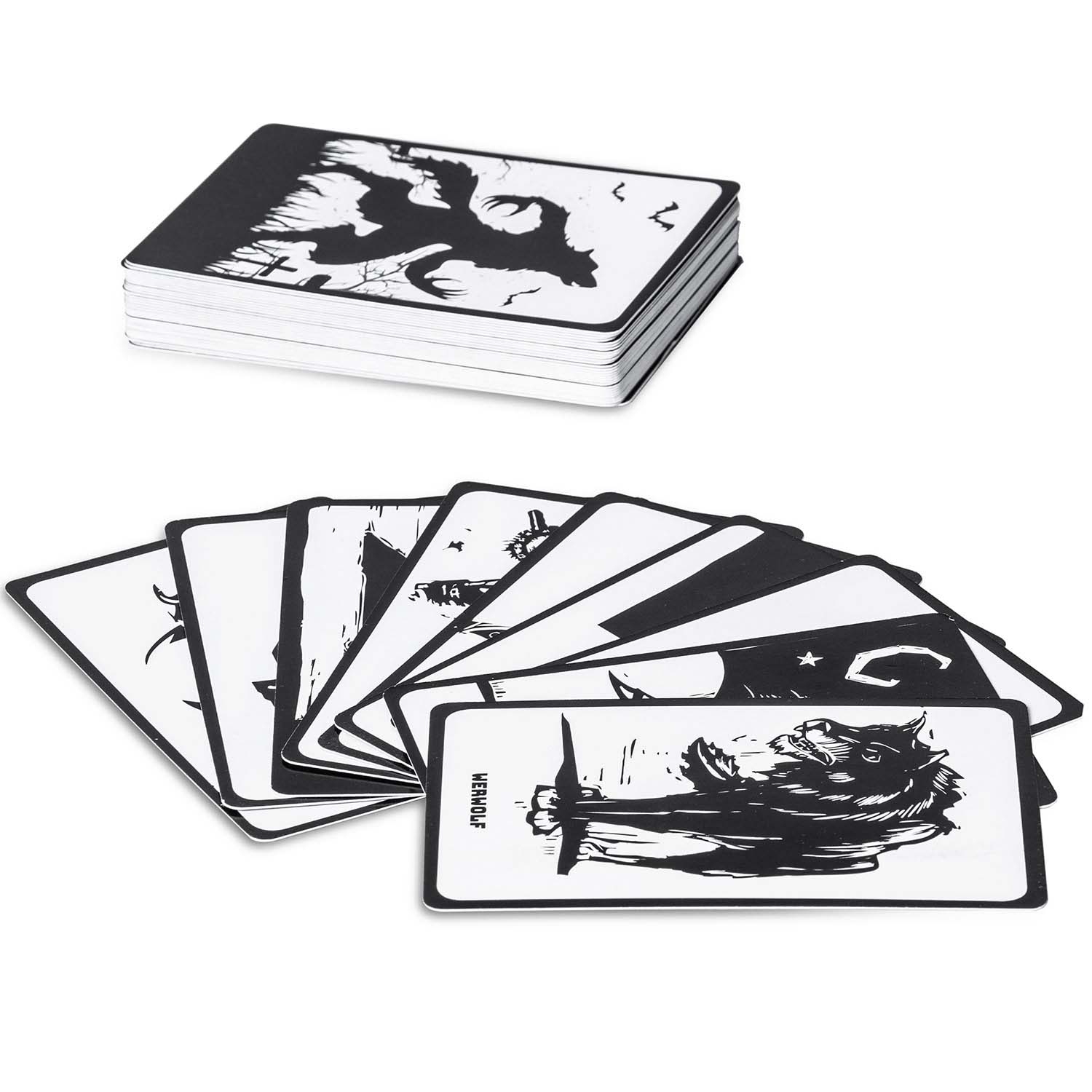 Stapel und aufgefächerte Karten des Werwolf-Kartenspiels mit schwarz-weißen Illustrationen.