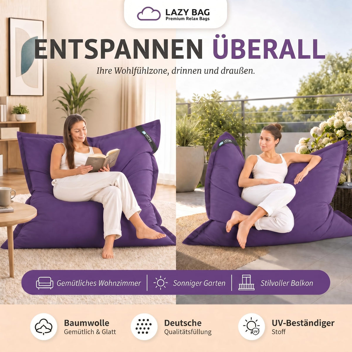 LazyBag XXL Sitzsack 180x140 cm aus Baumwolle – Violett – PT01 #Variante_Violett