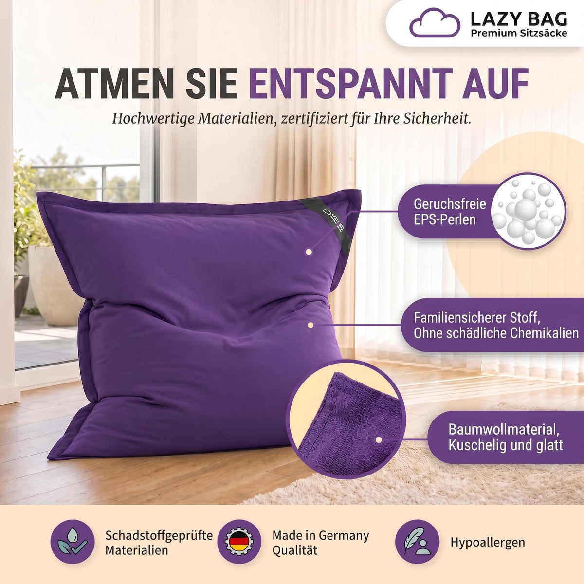 LazyBag XXL Sitzsack 180x140 cm aus Baumwolle – Violett – PT03 #Variante_Violett