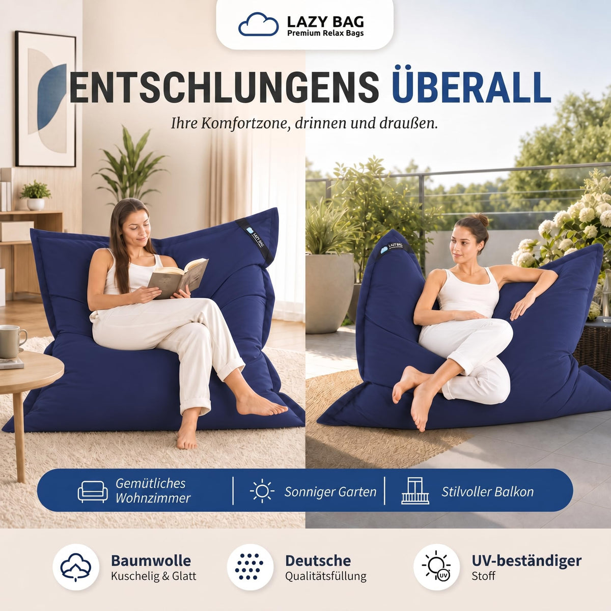 LazyBag XXL Sitzsack 180x140 cm aus Baumwolle – Blau – PT01 #Variante_Blau