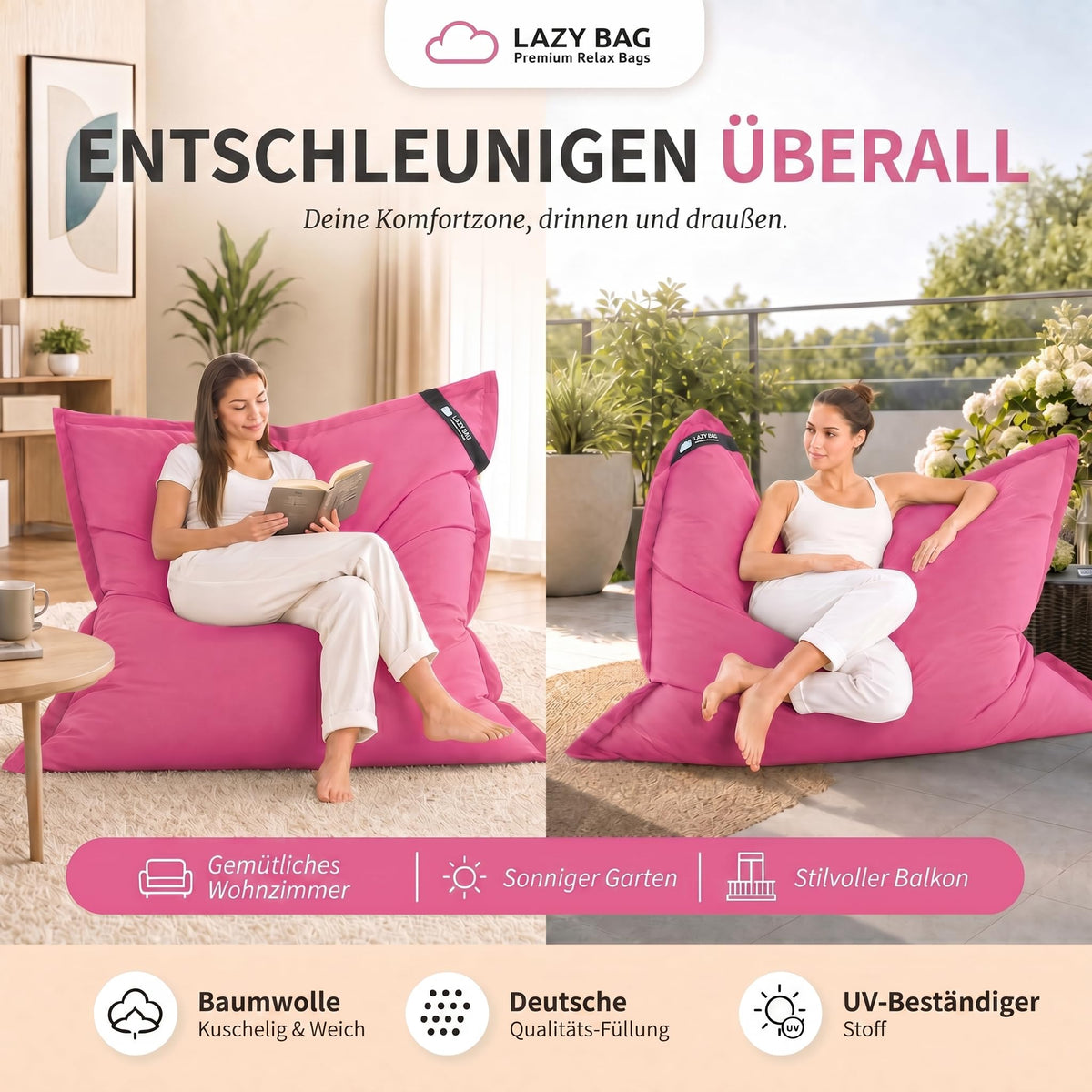 LazyBag XXL Sitzsack 180x140 cm aus Baumwolle – Pink – PT01 #Variante_Pink