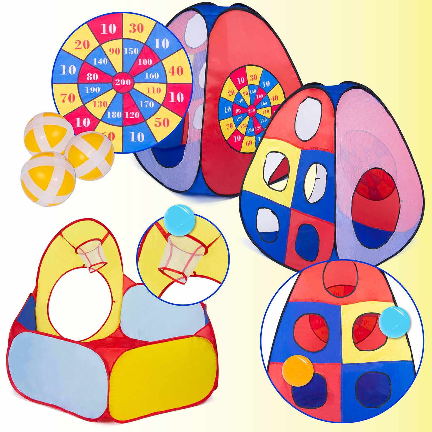 Buntes 3-in-1 Spielzelt mit Klett-Dartscheibe, Basketballkorb und verschiedenen Wurföffnungen.