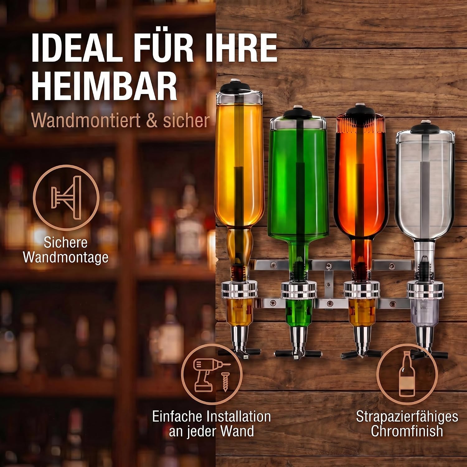 4-fach Wand-Spirituosenspender - Hochwertiger Bar-Butler & Portionierer