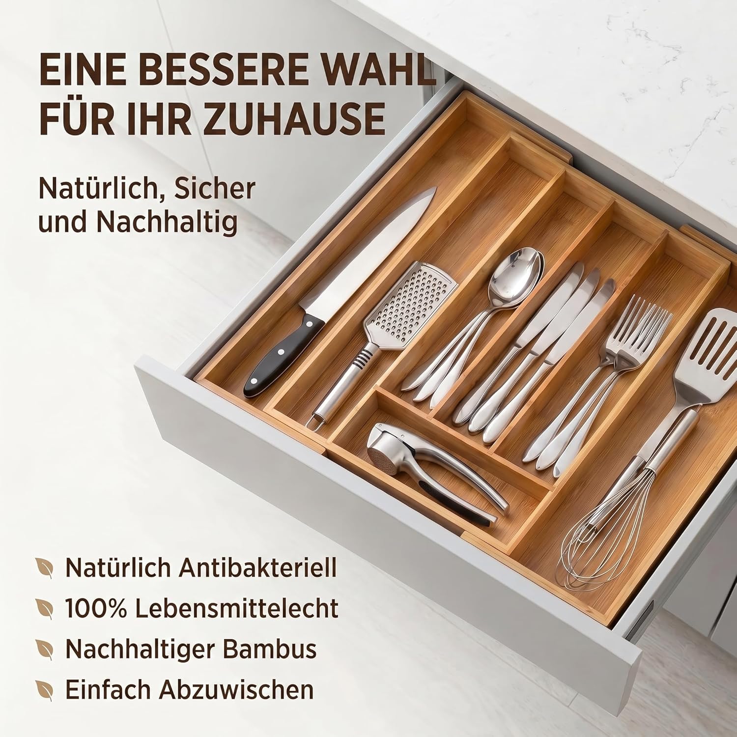 Ausziehbarer Bambus Besteckeinsatz – Variabler Besteckkasten