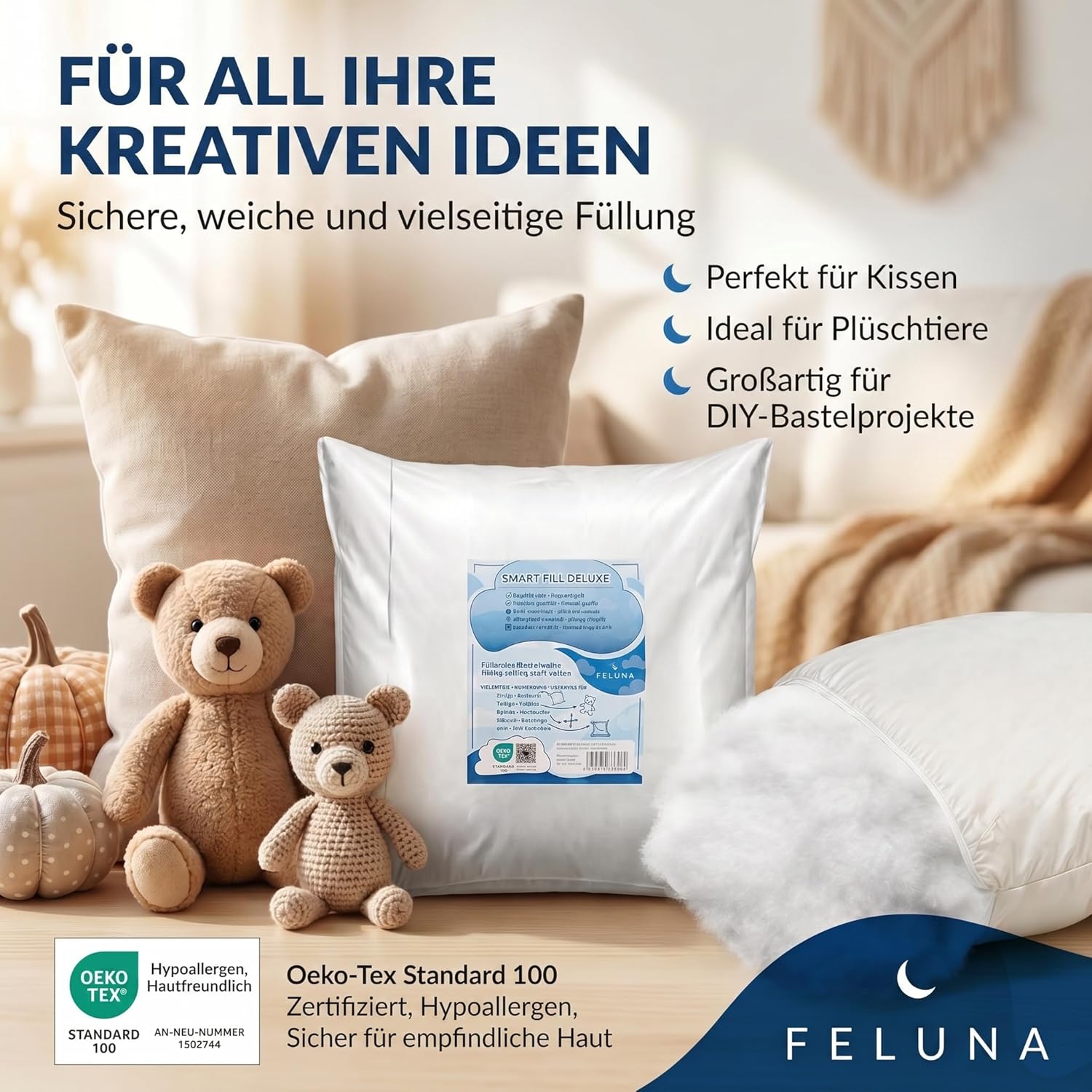Premium Füllwatte 100% Öko-Tex Polyester für Kissen & Basteln