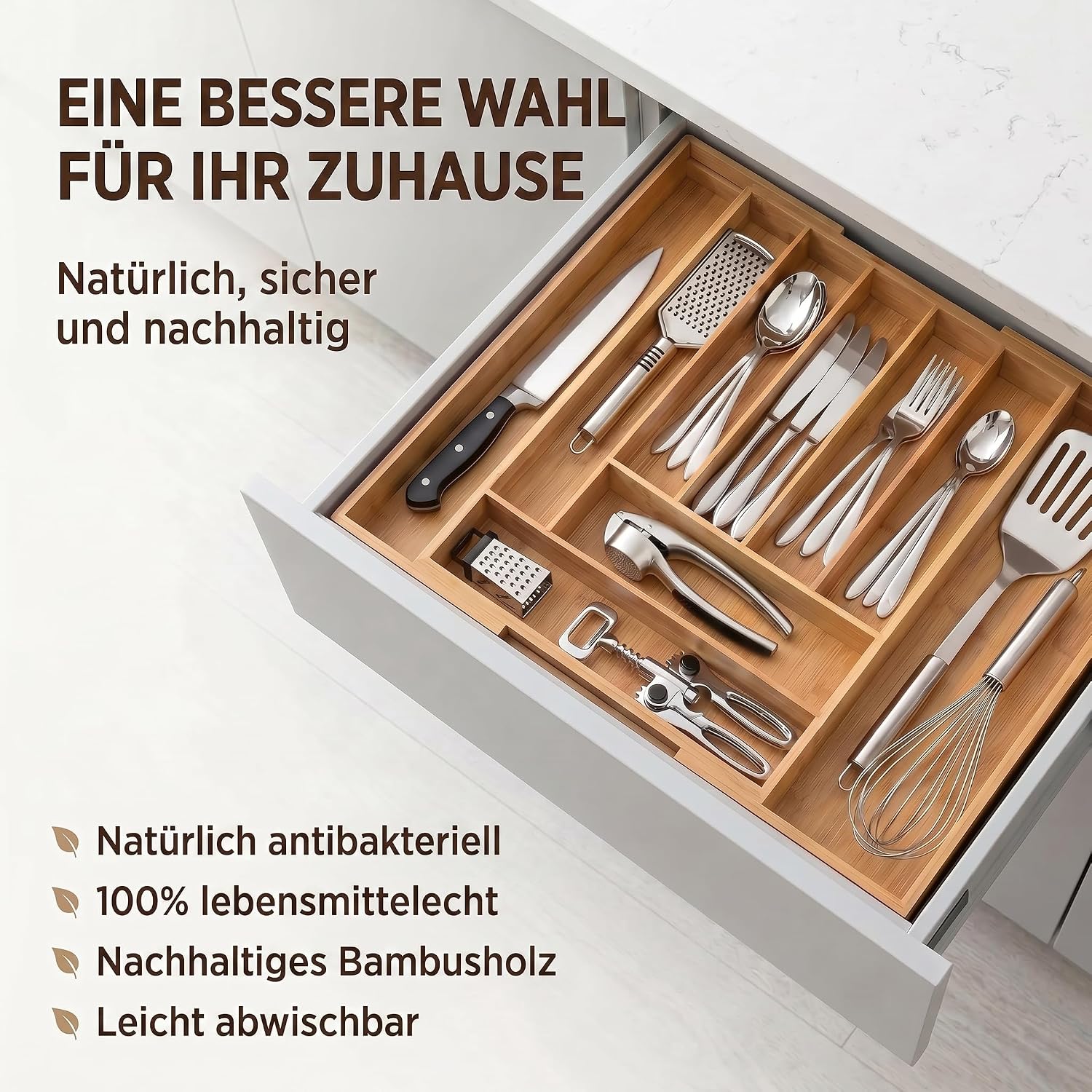 Ausziehbarer Bambus Besteckeinsatz – Variabler Besteckkasten