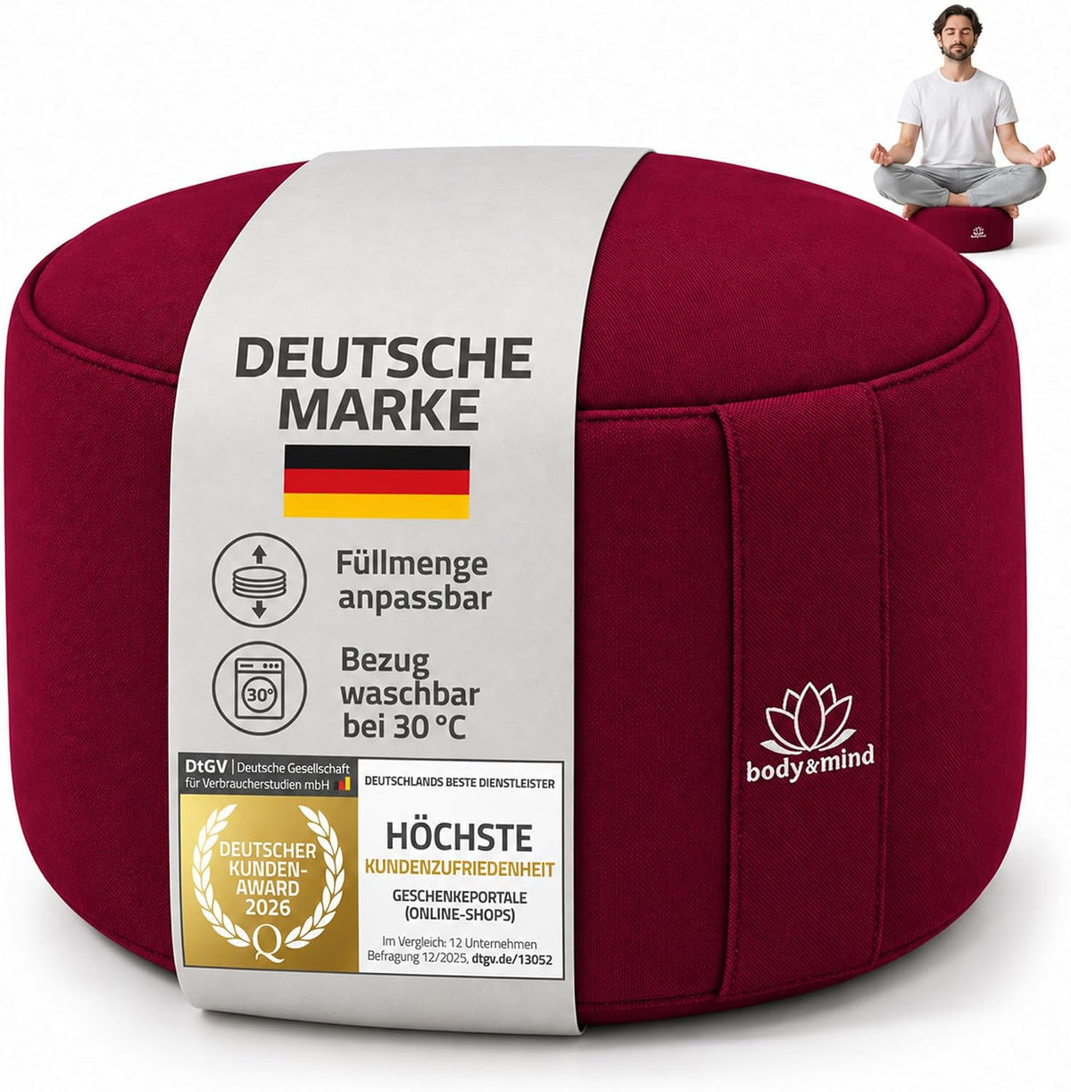 Rotes Meditationskissen mit integrierter Deutscher-Marke- und Featurebanderole