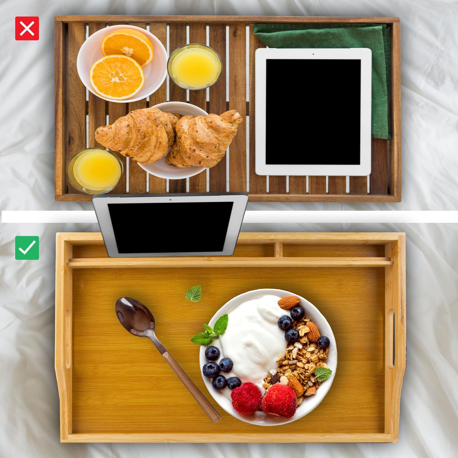 Klappbares Serviertablett aus Bambus für Frühstück im Bett
