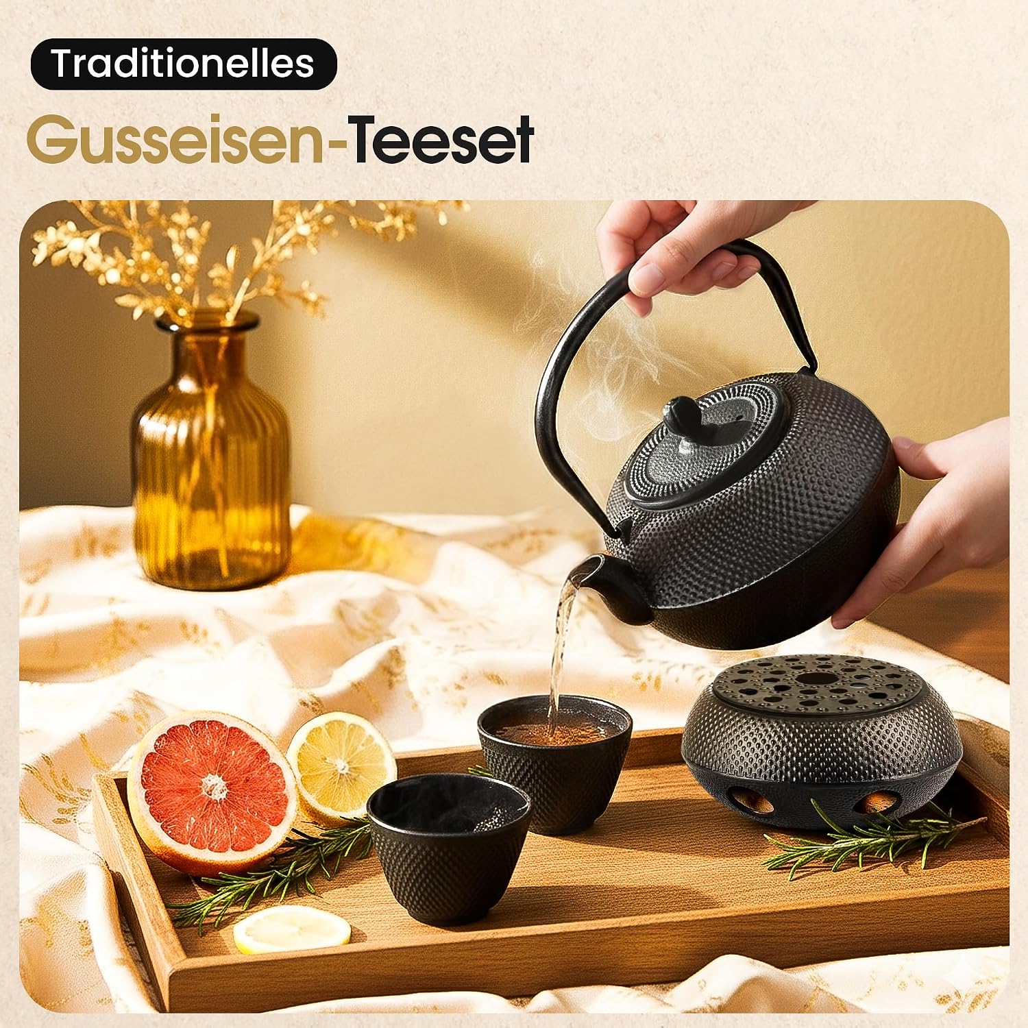 Traditionelles Gusseisen-Teeset - Teekanne mit Stövchen & 2 Tassen