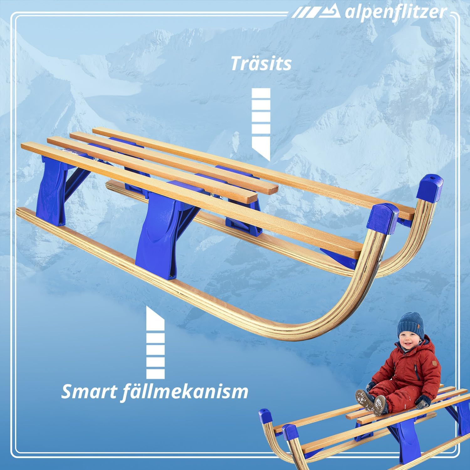 Klappbarer Holzschlitten 110 cm - Robuster Davoser Rodel