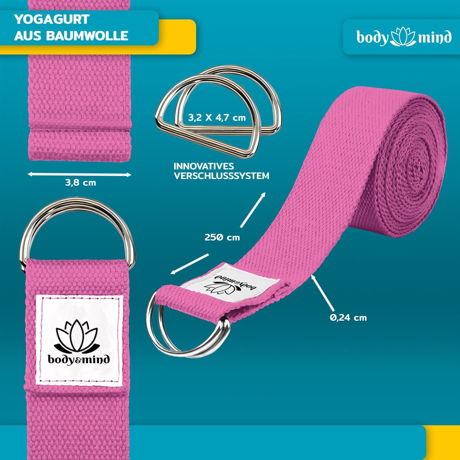 Yoga Gurt 250 cm mit Metall-D-Ring - Rutschfest & Langlebig