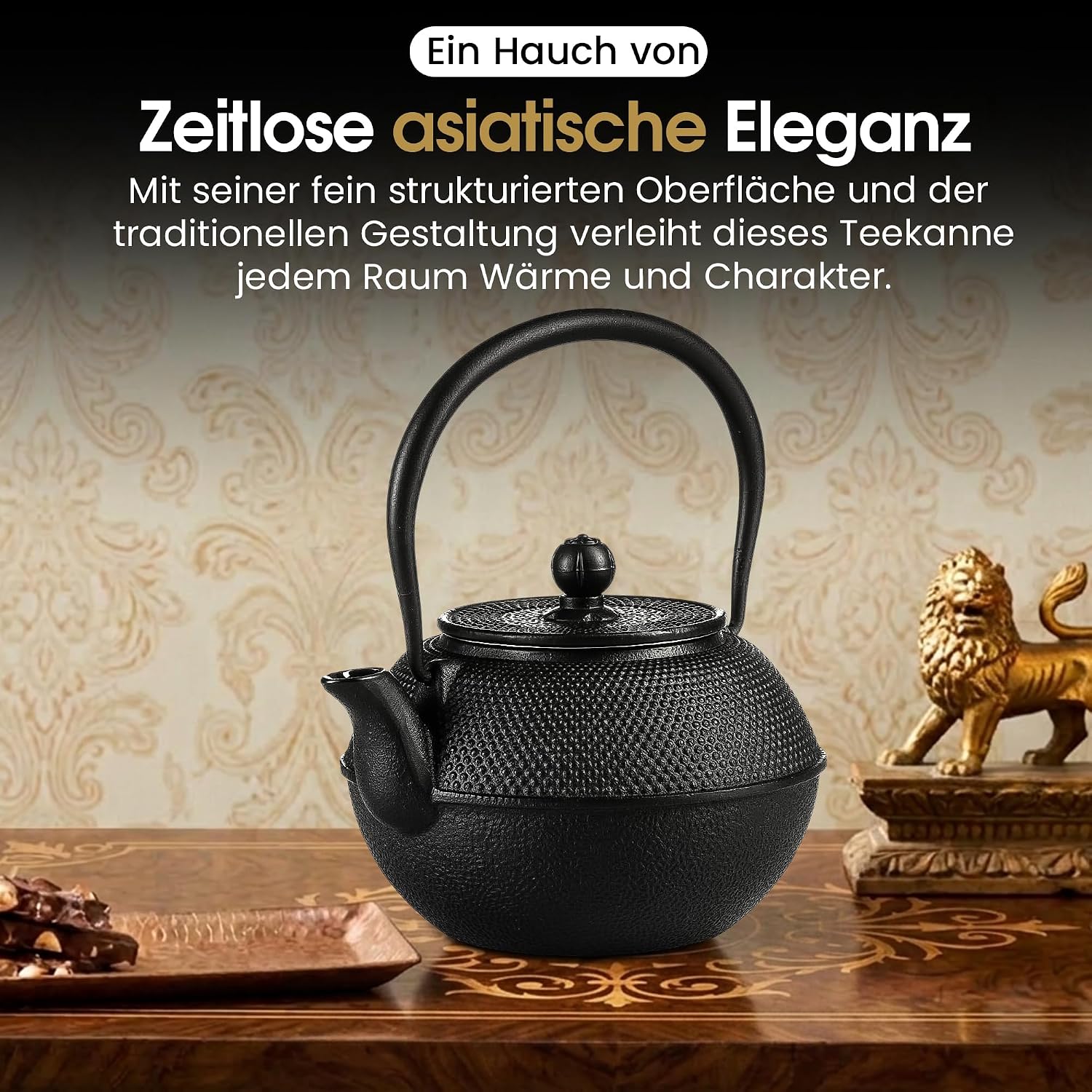 Teekanne aus Gusseisen 1,3l mit Sieb - Schwarz & Emailliert