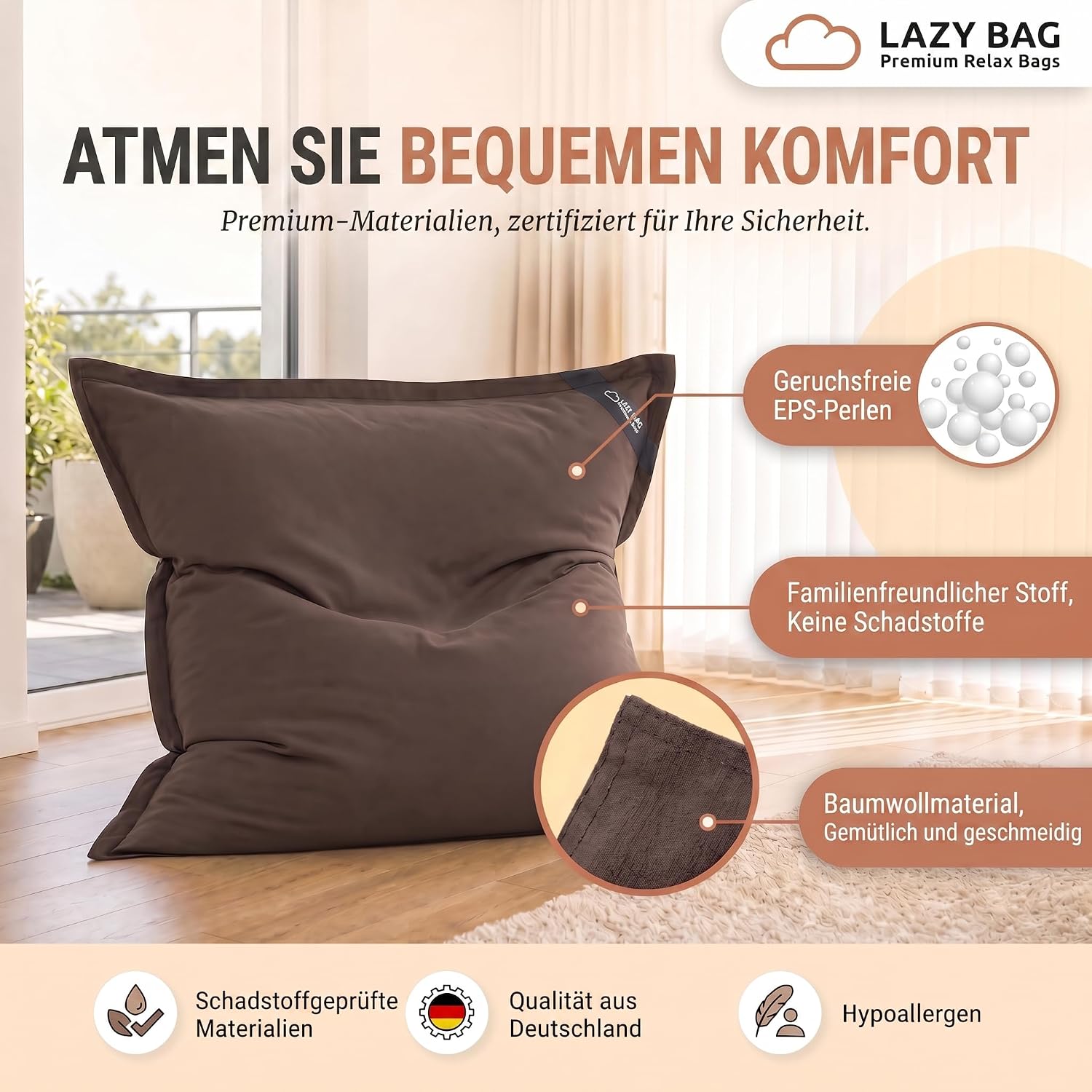 LazyBag XXL Sitzsack 180x140 cm aus Baumwolle – 400L Komfort
