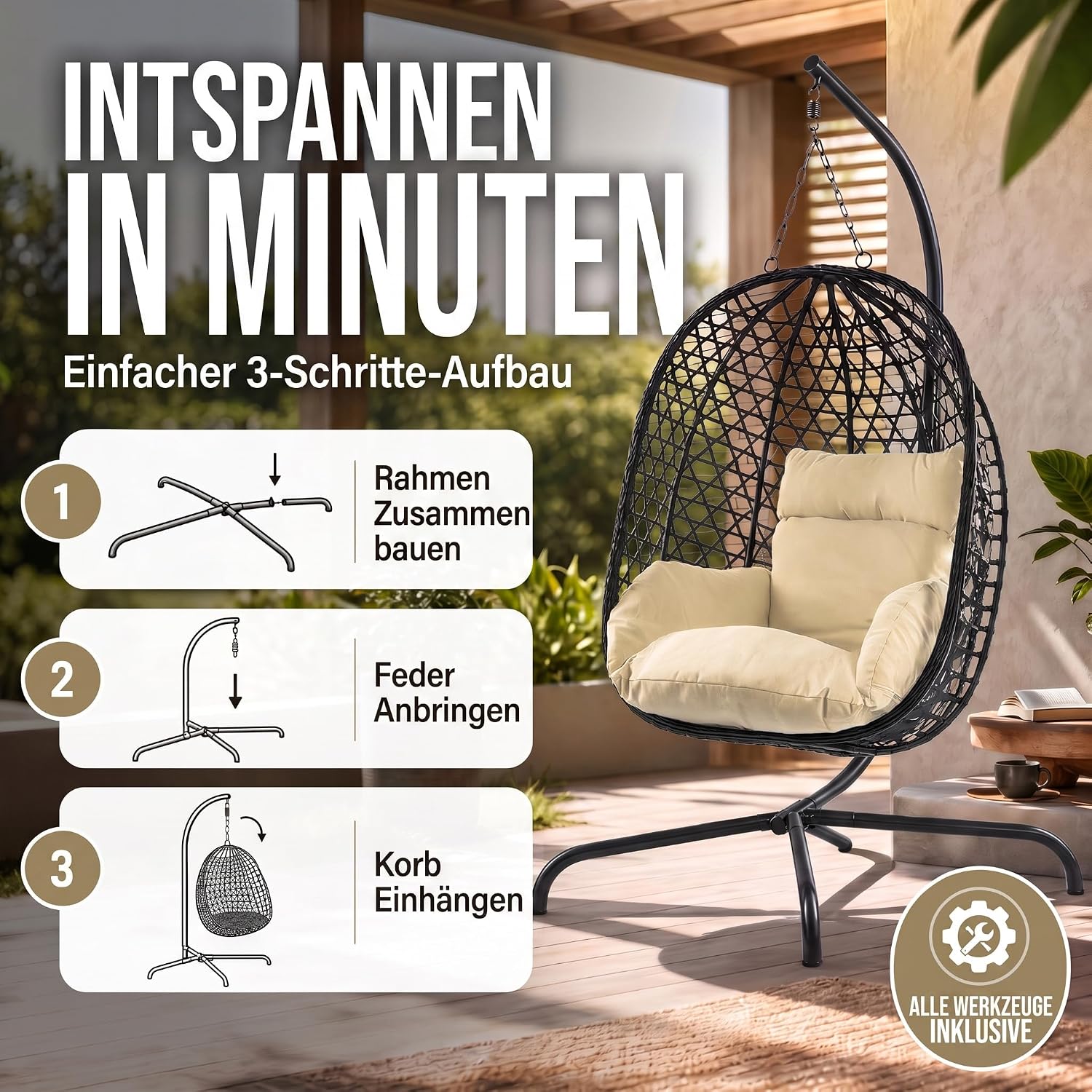 Schwebeliege mit Gestell - Freischwingender Hängesessel aus Rattan