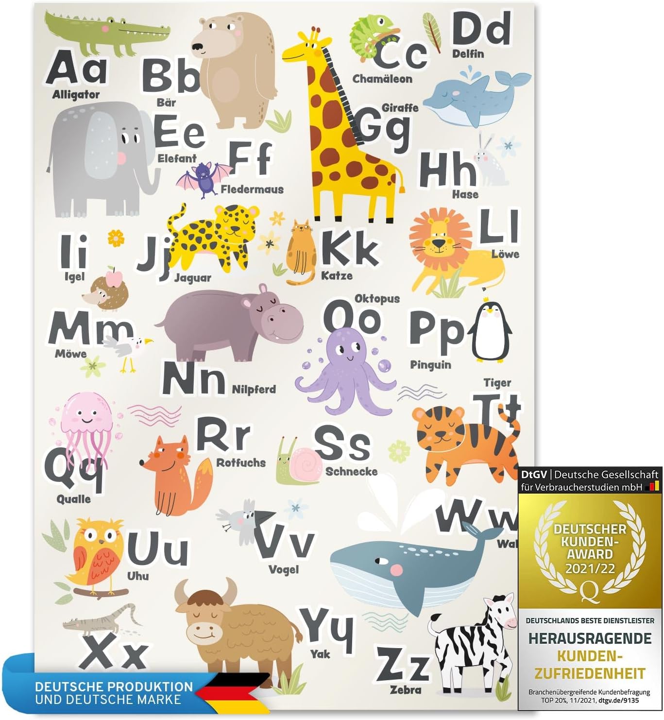 ABC-Kinderposter - Liebevolles Lernposter mit Tieren - 42x60 cm