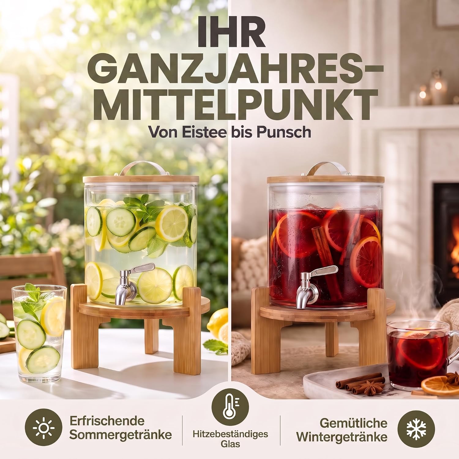 Designer Getränkespender mit Zapfhahn & Bambusgestell 5L & 8L