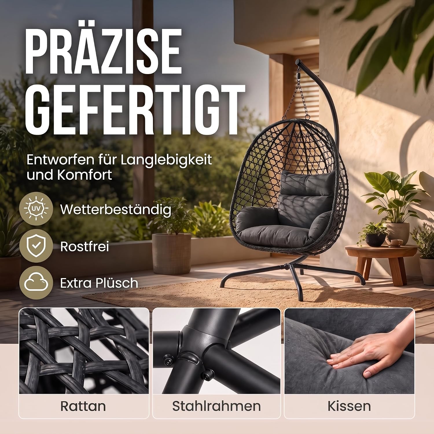 Schwebeliege mit Gestell - Freischwingender Hängesessel aus Rattan