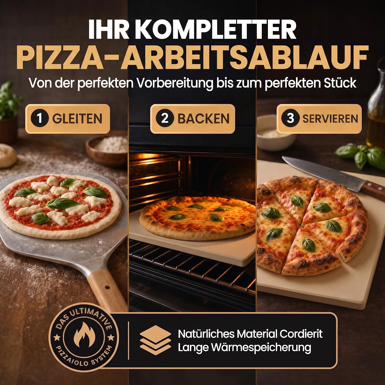 Pizzastein Set 38x30 cm aus Cordierit inkl. Pizzaschieber