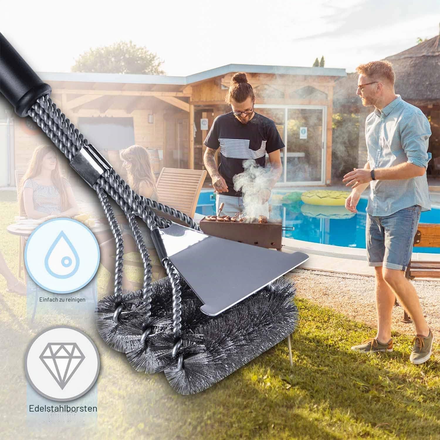3in1 Edelstahl Grillbürste – 45 cm Reiniger mit Schaber