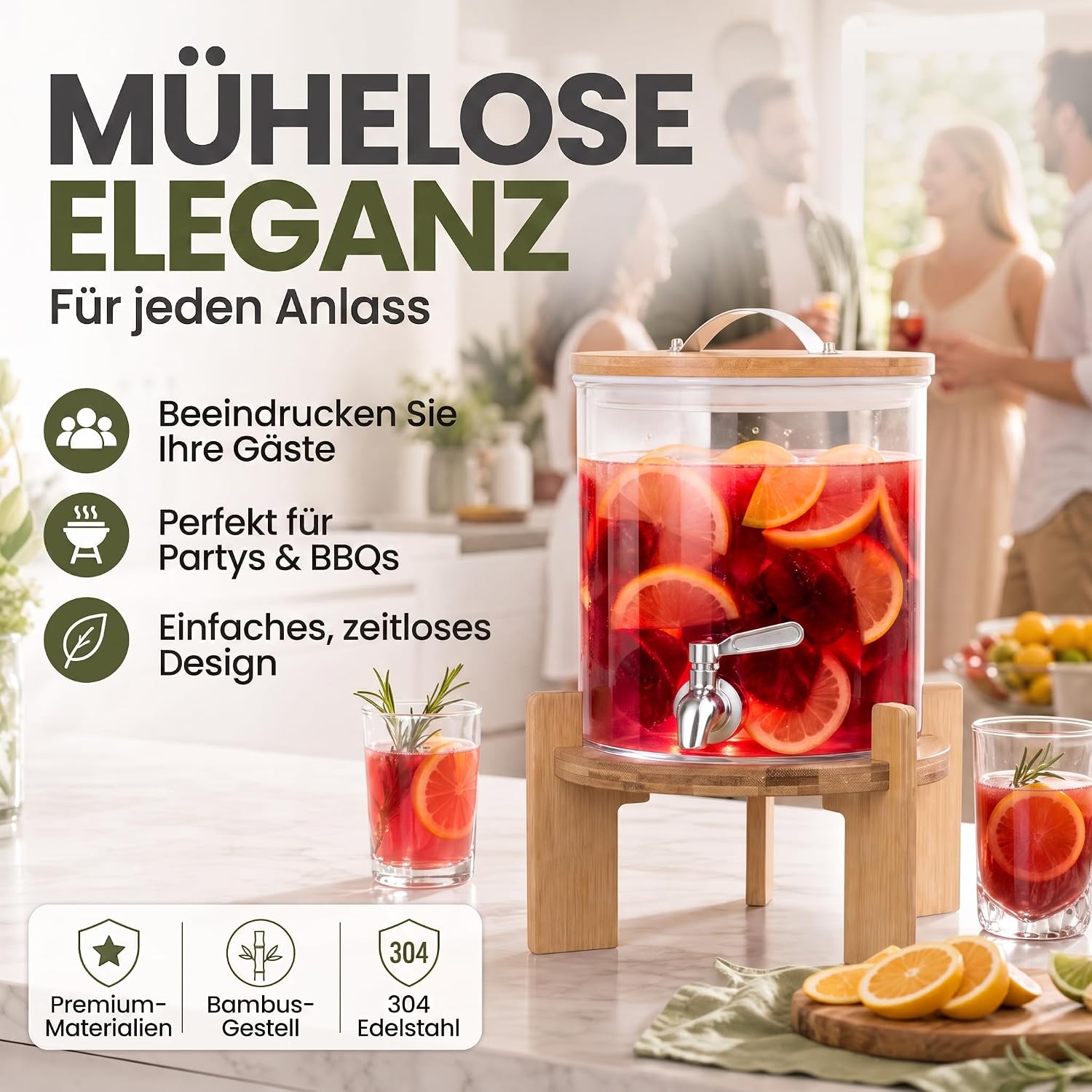 Designer Getränkespender mit Zapfhahn & Bambusgestell 5L & 8L