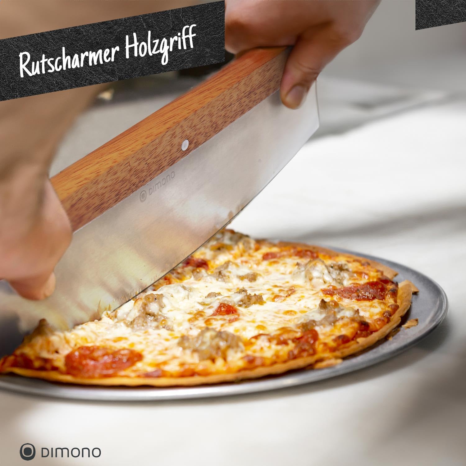 Profi Pizzaschneider Deluxe - 35 cm Wiegemesser Edelstahl & Holz