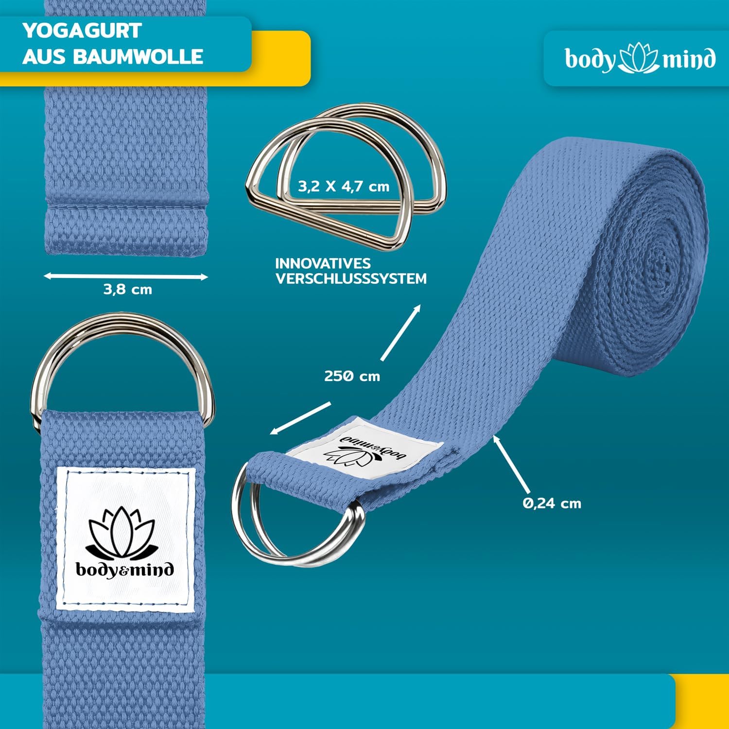 Yoga Gurt 250 cm mit Metall-D-Ring - Rutschfest & Langlebig